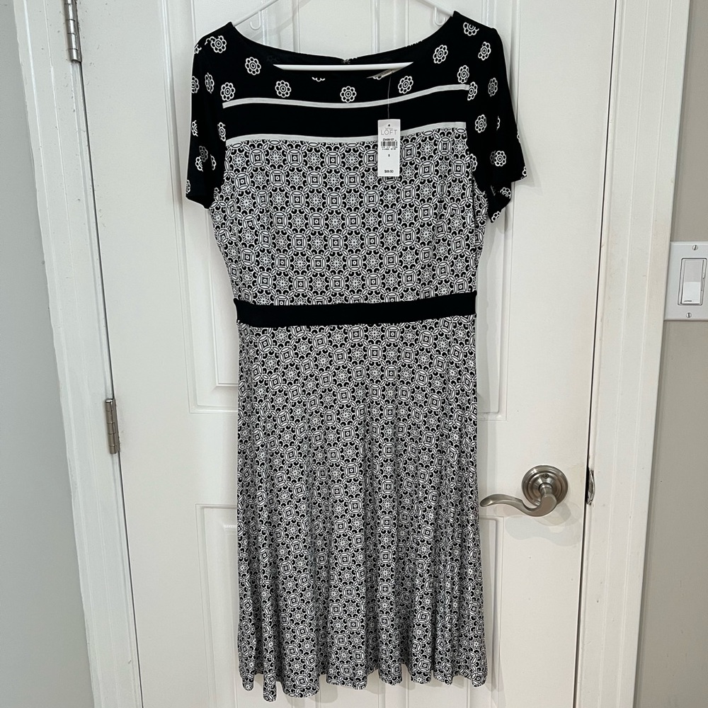 LOFT Black and White Geometric Midi Dress